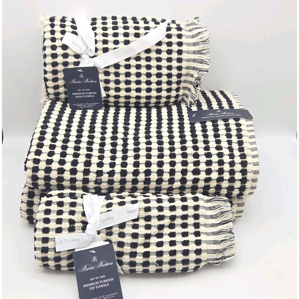 Brooks Brothers 6pc Turkish Cotton Towel Set Black Ecru Raised Dot Bath Hand tip